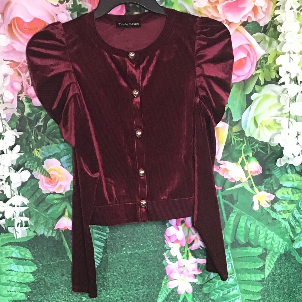 Triple seven burgundy velvet button down top
